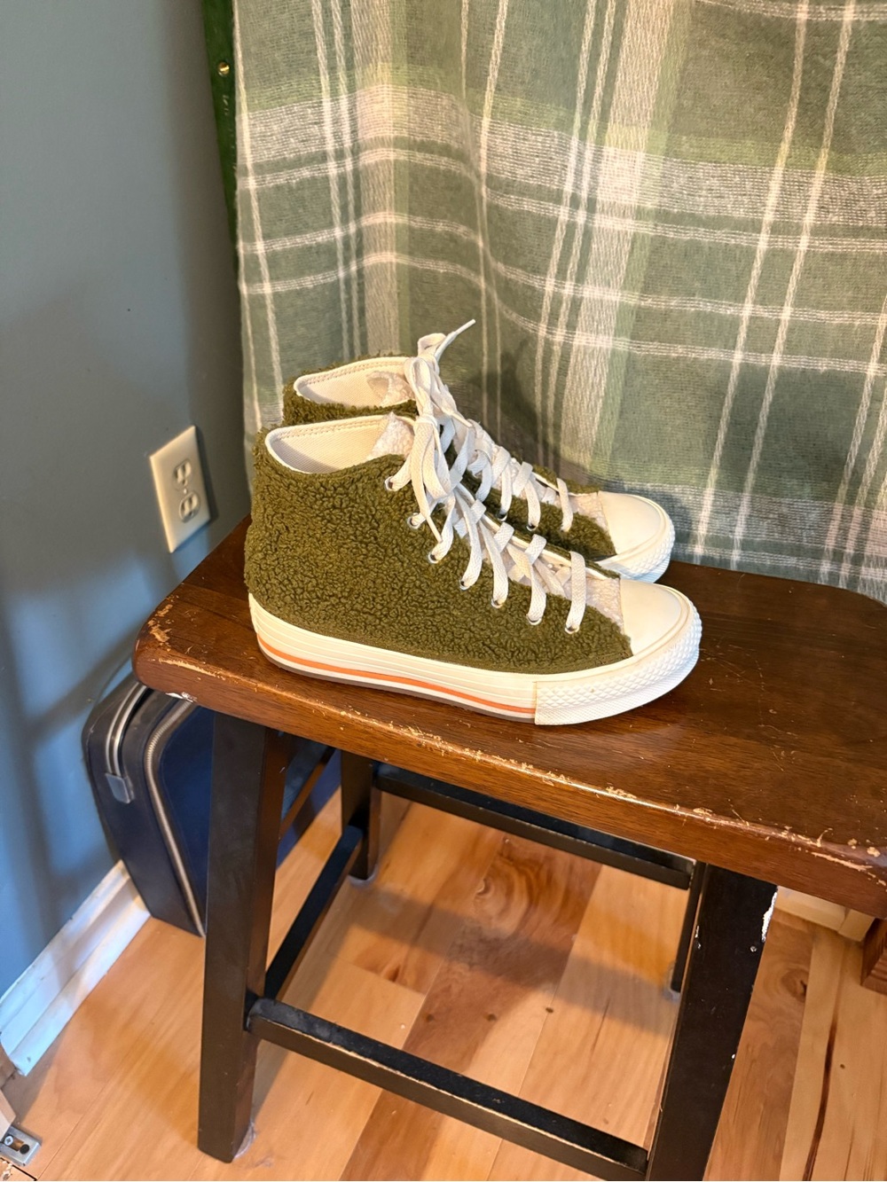Converse Olive Green Sherpa High-Top Sneakers with Cream Accents - Picture 3 of 9